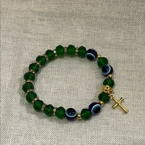 Chic Green Beaded Bracelet with Gold Cross Charm